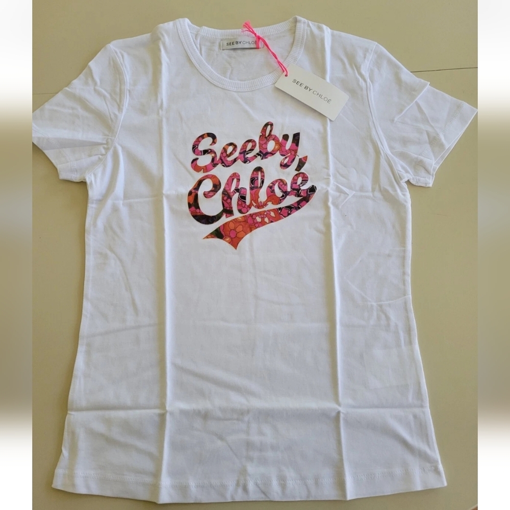 See By Chloe Women Short Sleeves Logo T-shirt US XS/S White Tee Floral Logo